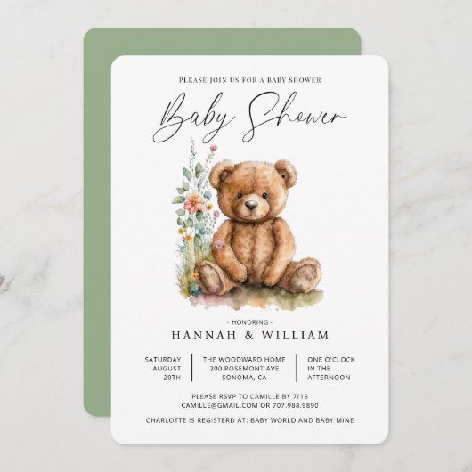 Invitation Fête de naissance Ourson Fleurs Aquarelle (Devant / Derrière)