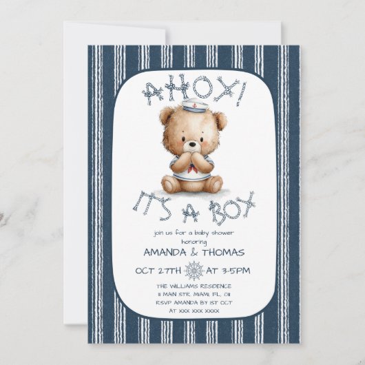 Invitation Fête de Naissance Ourson Marin Ahoy (Devant)