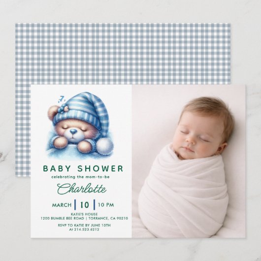Invitation Fête de naissance Ourson Mignon (Devant / Derrière)