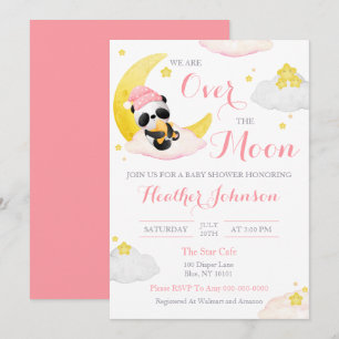 Invitation Fête de Naissance Ourson Panda Fille Bébé Lune