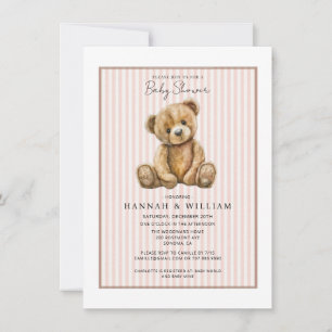 Invitation Fête de naissance Ourson rayures roses