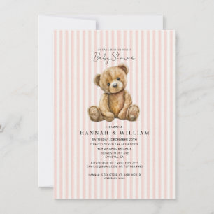 Invitation Fête de naissance Ourson rayures roses