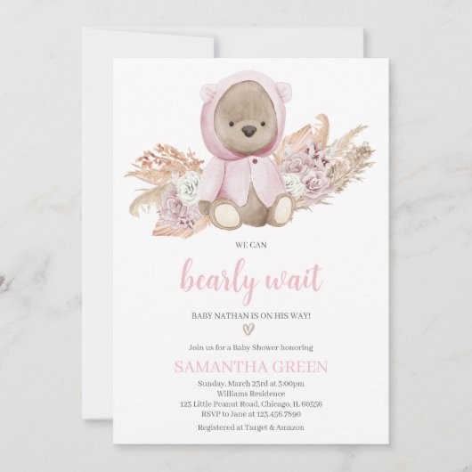 Invitation Fête de naissance Ourson Rose  (Devant)