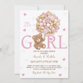 Invitation Fête de naissance Ourson Rose Ballons Fille (Devant)