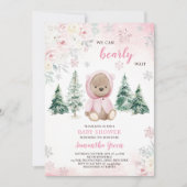Invitation Fête de naissance ourson rose d'hiver (Devant)