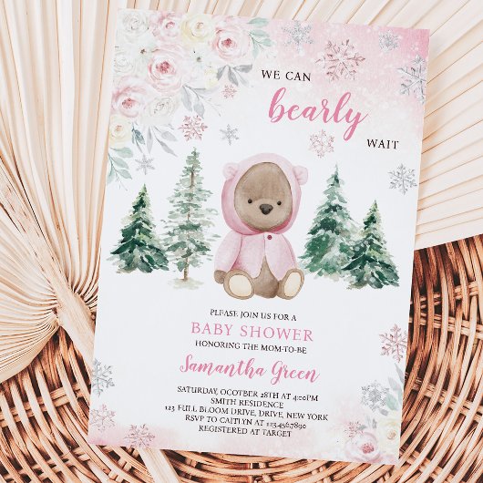Invitation Fête de naissance ourson rose d'hiver