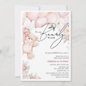 Invitation Fête de Naissance Ourson Rose & Fleurs pour Bébé F (Devant)