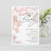 Invitation Fête de Naissance Ourson Rose & Fleurs pour Bébé F (Debout devant)