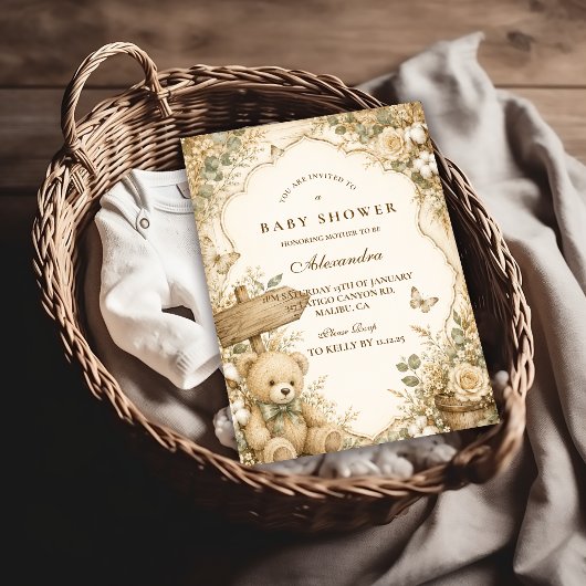 Invitation Fête de naissance ourson rustique