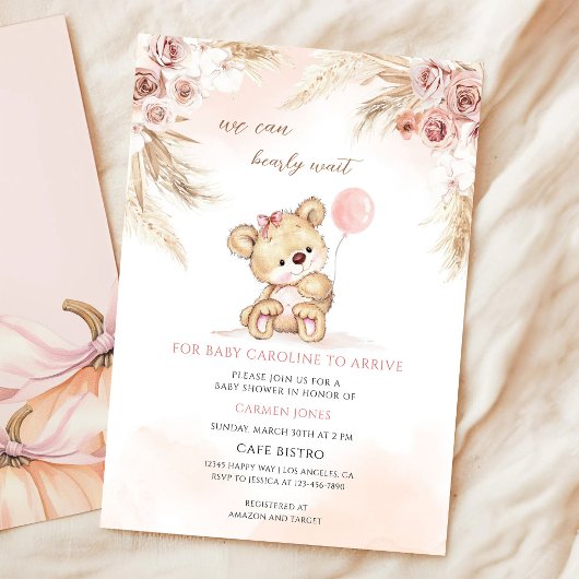 Invitation Fête de naissance Ourson Teddy Pampas Rose