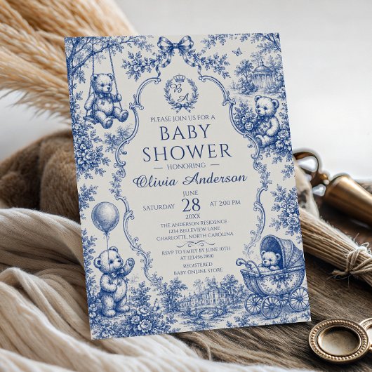 Invitation Fête de naissance Ourson Toile Bleue
