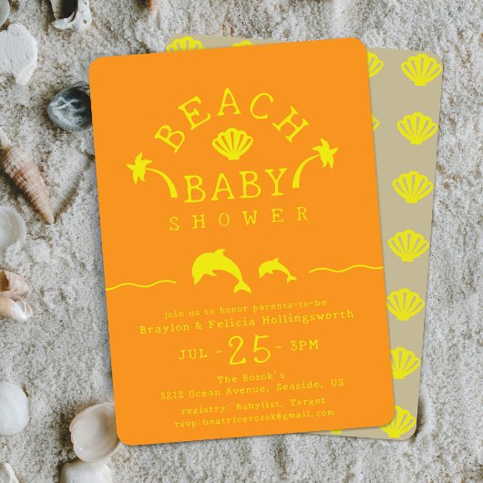 Invitation Fête de naissance Palms & Dolphins Orange & Yellow