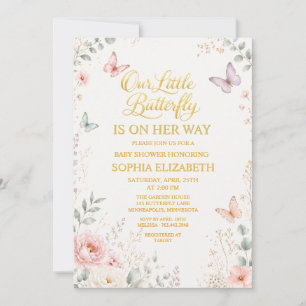 Invitation Fête de naissance papillon floral or bébé fille