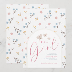 Invitation Fête de Naissance Papillon Floral Pastel Fille