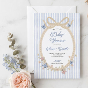 Invitation Fête de naissance papillon rayé bleu vintage et ru