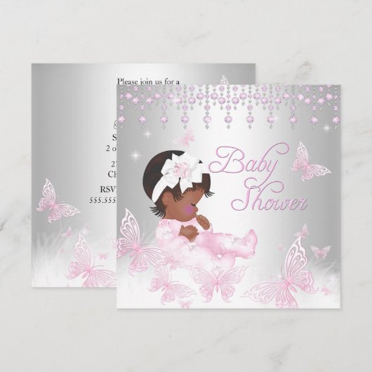 Invitation Fête de naissance Papillon Rose Argent Ethnique (Devant / Derrière)