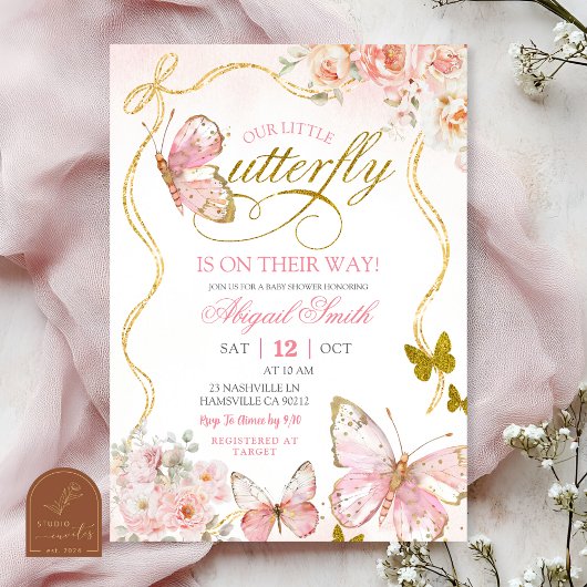 Invitation Fête de naissance Papillon Rose Coquette