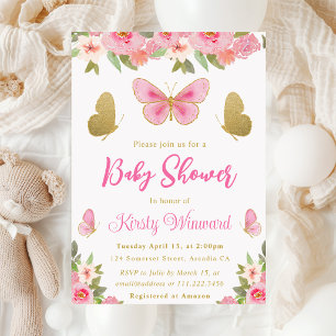 Invitation Fête de Naissance Papillon Rose et Or pour Fille
