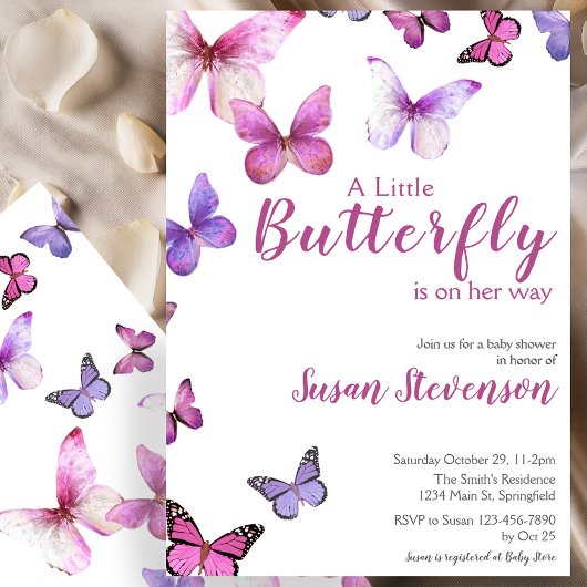 Invitation Fête de naissance Papillon Rose et Violet pour Béb