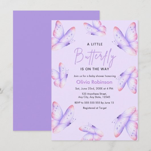 Invitation Fête de naissance Papillon Violet Un Petit (Devant / Derrière)