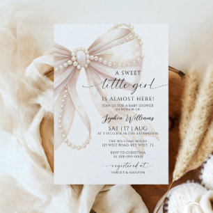 Invitation Fête de naissance Pearl and Bow Sweet Little Girl