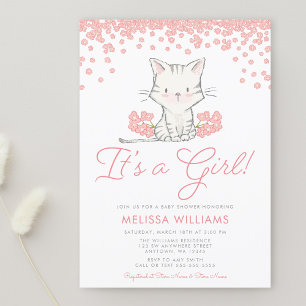 Invitation Fête de Naissance Petite Fille Kitten Fleurs Roses