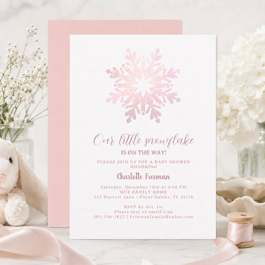 Invitation Fête de Naissance Petite Flocon de Neige Rose Blus