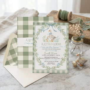 Invitation Fête de Naissance Petite Oie Vert Sauge à Carreaux