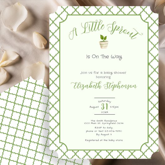 Invitation Fête de naissance Petite Pousse Vert Sauge Quatref