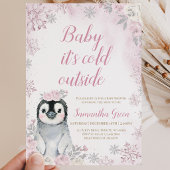 Invitation Fête de naissance Pingouin Argent Rose
