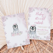 Invitation Fête de naissance Pingouin Argent Rose