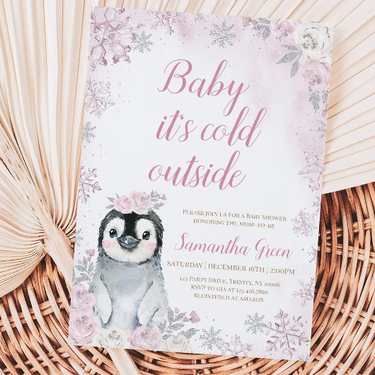 Invitation Fête de naissance Pingouin Argent Rose