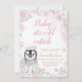 Invitation Fête de naissance Pingouin Argent Rose (Devant)