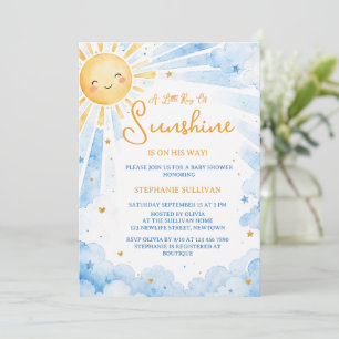 Invitation Fête de naissance pour bébé garçon Bleu & Or Aquar