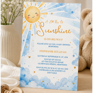 Invitation Fête de naissance pour bébé garçon Bleu & Or Aquar