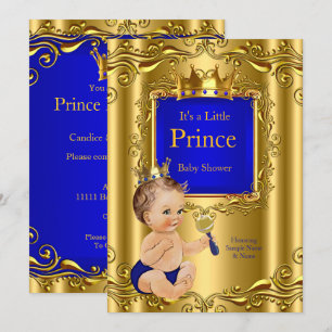 Invitation Fête de naissance Prince Bleu Royal Couronne Dorée