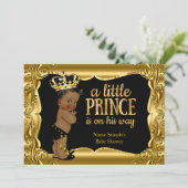 Invitation Fête de naissance Prince Élégant Bébé Noir Or Ethn (Debout devant)