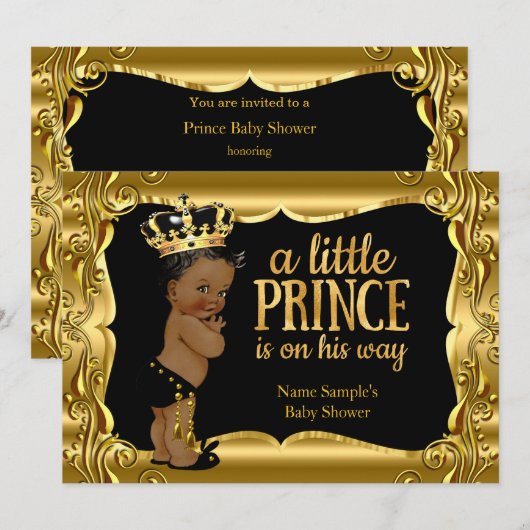Invitation Fête de naissance Prince Élégant Bébé Noir Or Ethn (Devant / Derrière)