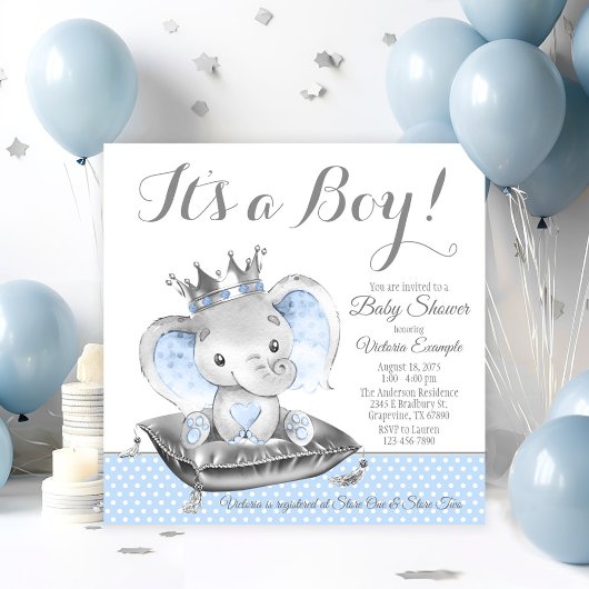 Invitation Fête de naissance Prince Éléphant Garçon