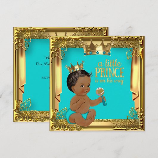 Invitation Fête de naissance Prince Ethnique Turquoise Bleu-v (Devant / Derrière)