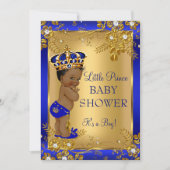 Invitation Fête de naissance Prince garçon Or Bleu Afro-Améri (Devant)