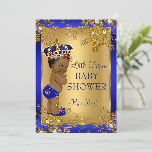Invitation Fête de naissance Prince garçon Or Bleu Afro-Améri (Debout devant)