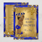 Invitation Fête de naissance Prince garçon Or Bleu Afro-Améri (Devant / Derrière)