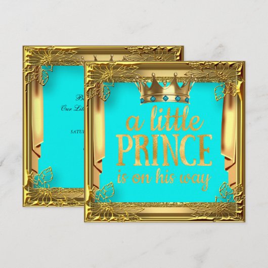 Invitation Fête de naissance Prince Turquoise Bleu sarcelle (Devant / Derrière)