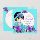 Invitation Fête de naissance Princesse Bébé Fille Bleu Sarcel (Devant / Derrière)