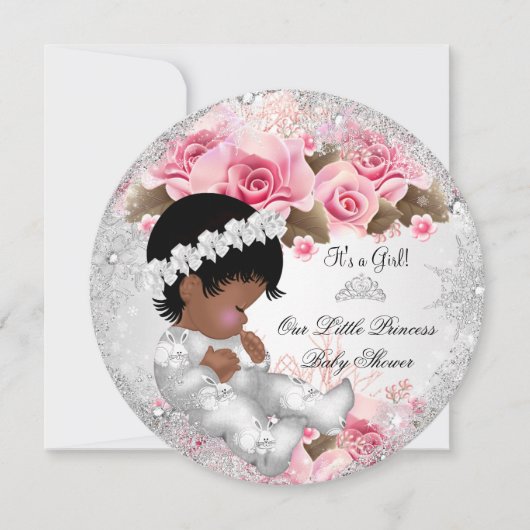 Invitation Fête de naissance Princesse Bébé Fille Rose Flocon (Devant)