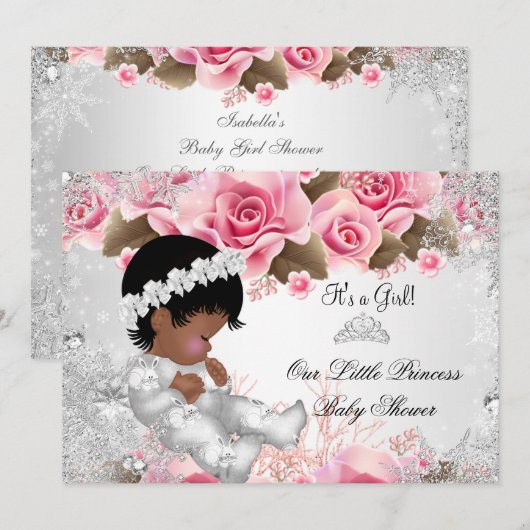 Invitation Fête de naissance Princesse Bébé Fille Rose Flocon (Devant / Derrière)