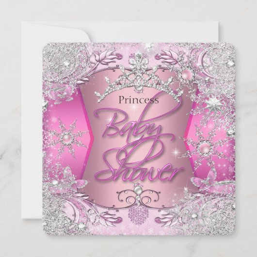 Invitation Fête de naissance Princesse Bébé Fille Rose Flocon (Devant)