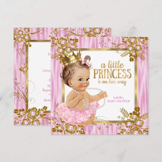Invitation Fête de naissance Princesse Bébé Fille Rose Soie F (Devant / Derrière)