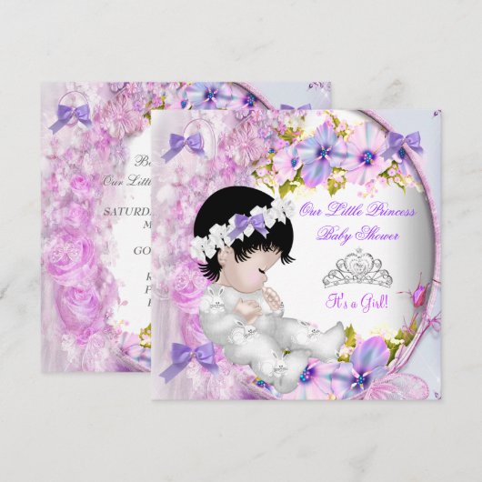 Invitation Fête de naissance Princesse Bébé Fille Rose Violet (Devant / Derrière)